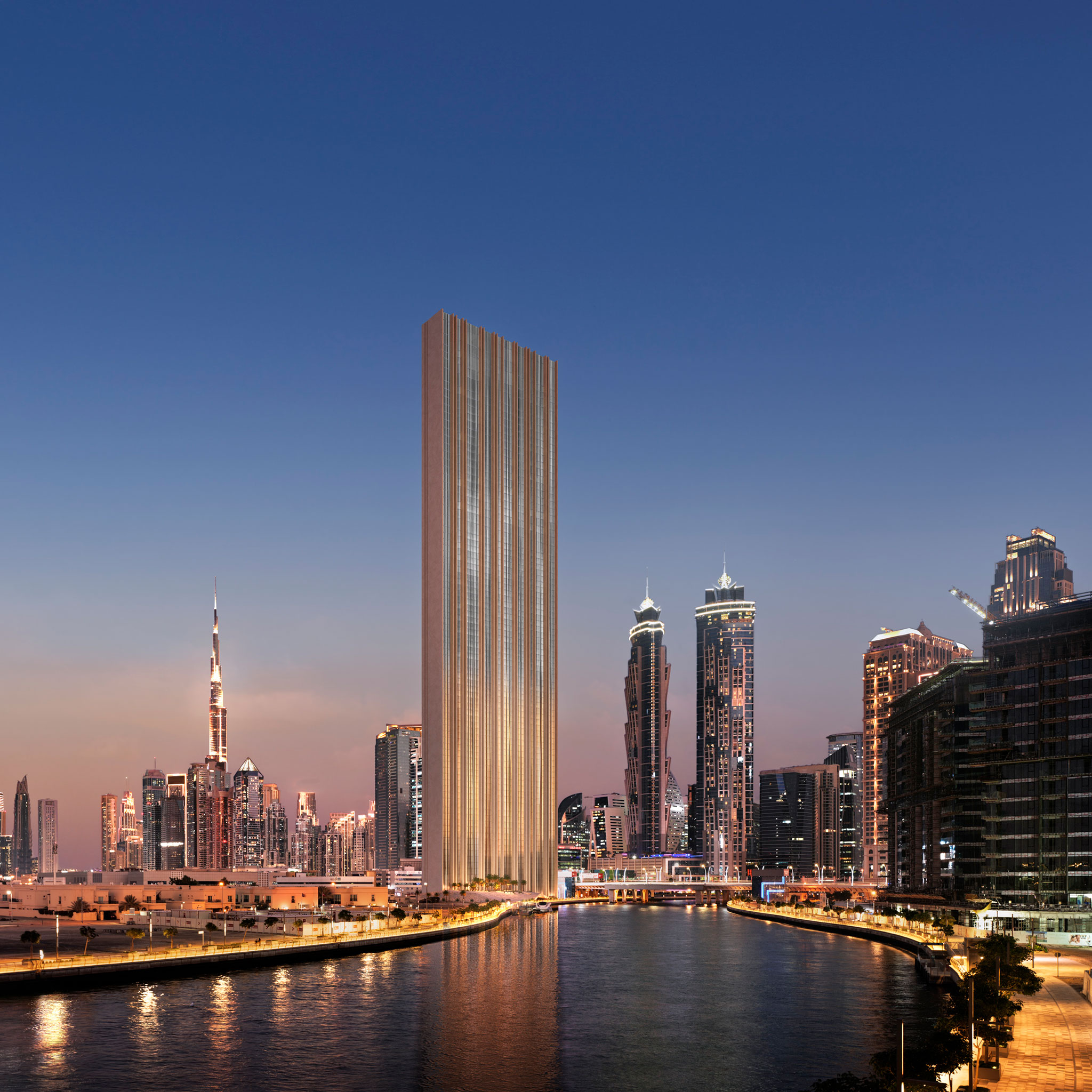 Muraba Veil tower on Dubai Canal at dusk — 380m Pritzker Prize-designed skyscraper